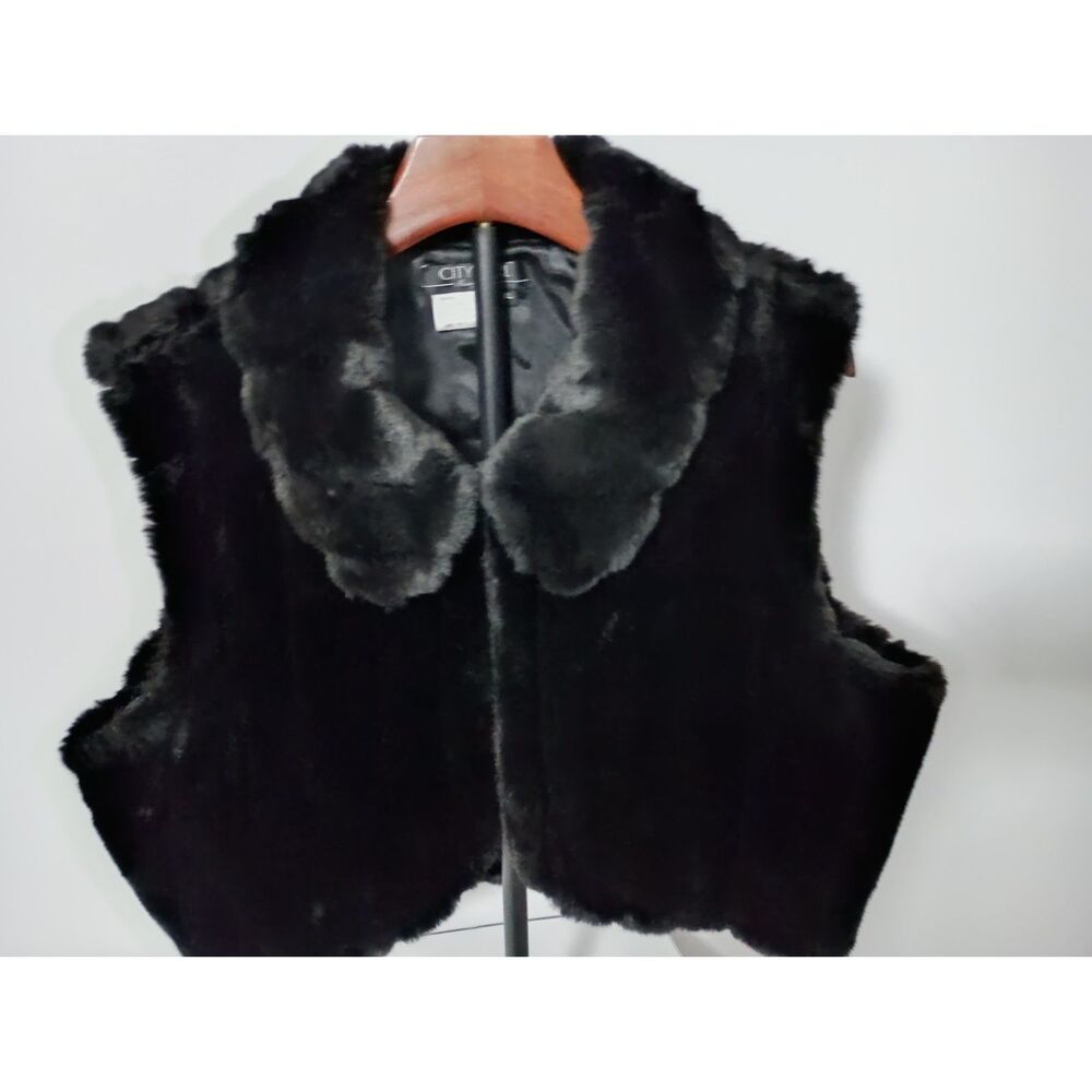 CITY GIRL Vintage Black Faux Fur Bolero Vest Lined Scallop Bottom -Women's XL